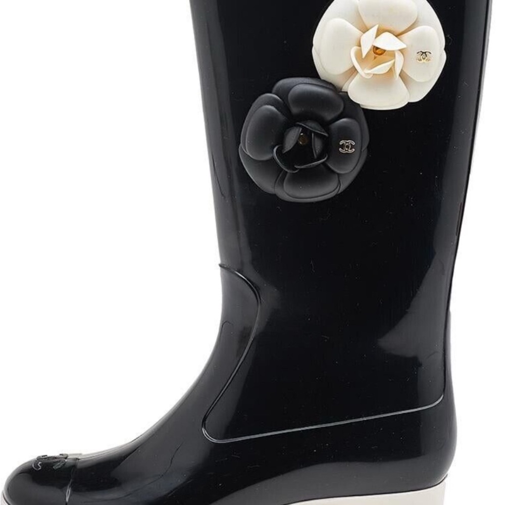 RARE Chanel Black Rain Boots with Classic Floral Accents Size 42